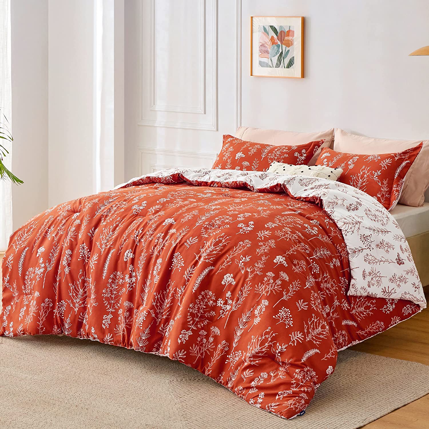 BEDSURE Twin Comforter Set - Khaki Comforter, Cute Floral Bedding Comforter  Sets