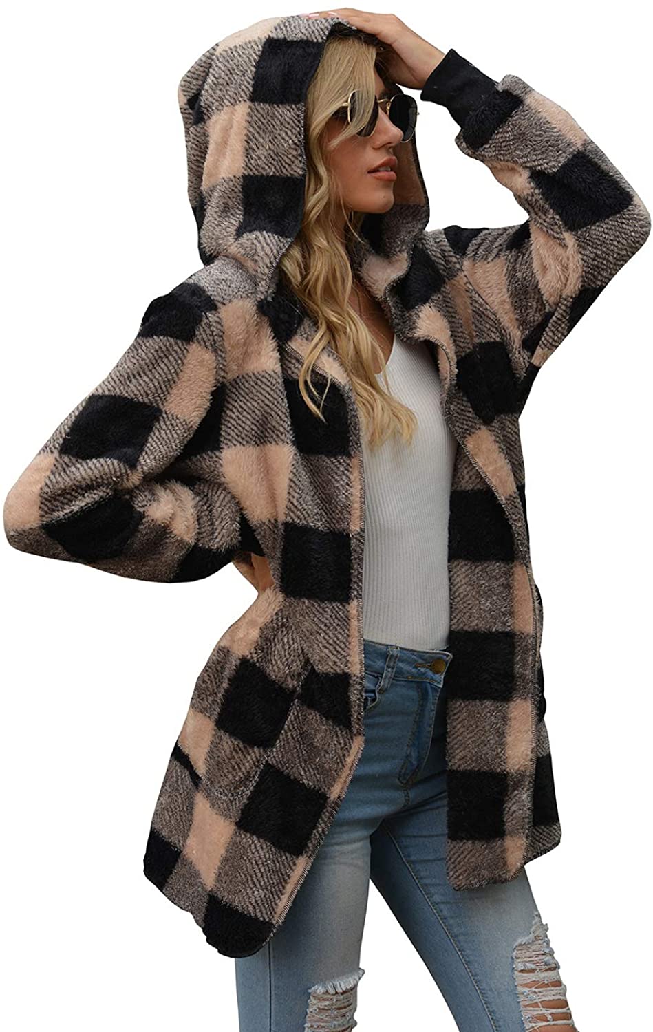 SENSERISE Womens Fuzzy Fleece Jacket Open Front Hooded Cardigan Tie Dye Plaid Sherpa Coat with Pockets 