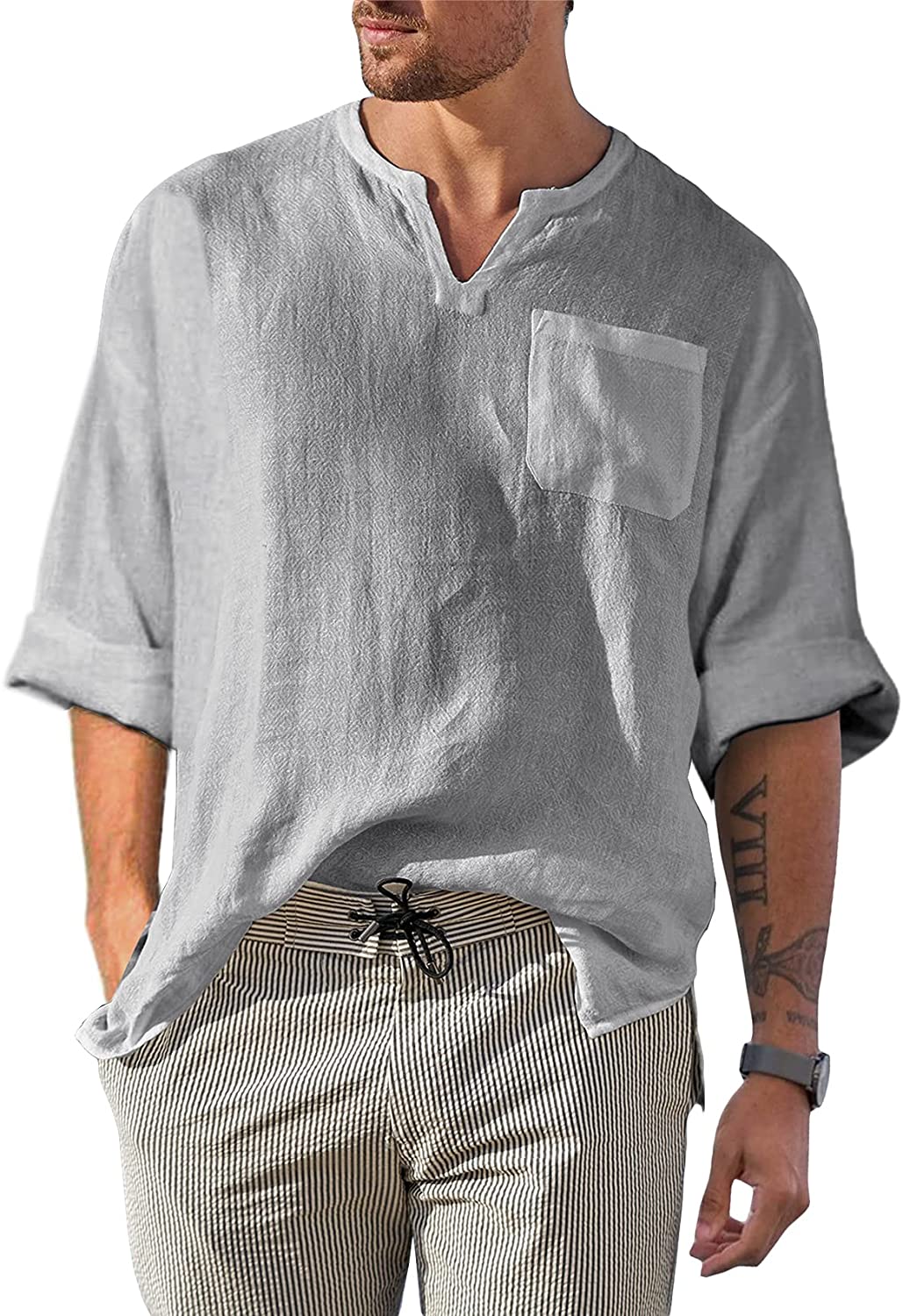 Bbalizko Mens Linen Cotton Henley Shirt Casual V Neck Short Sleeve Beach Hippie Yoga Tees Plain Summer Tops 