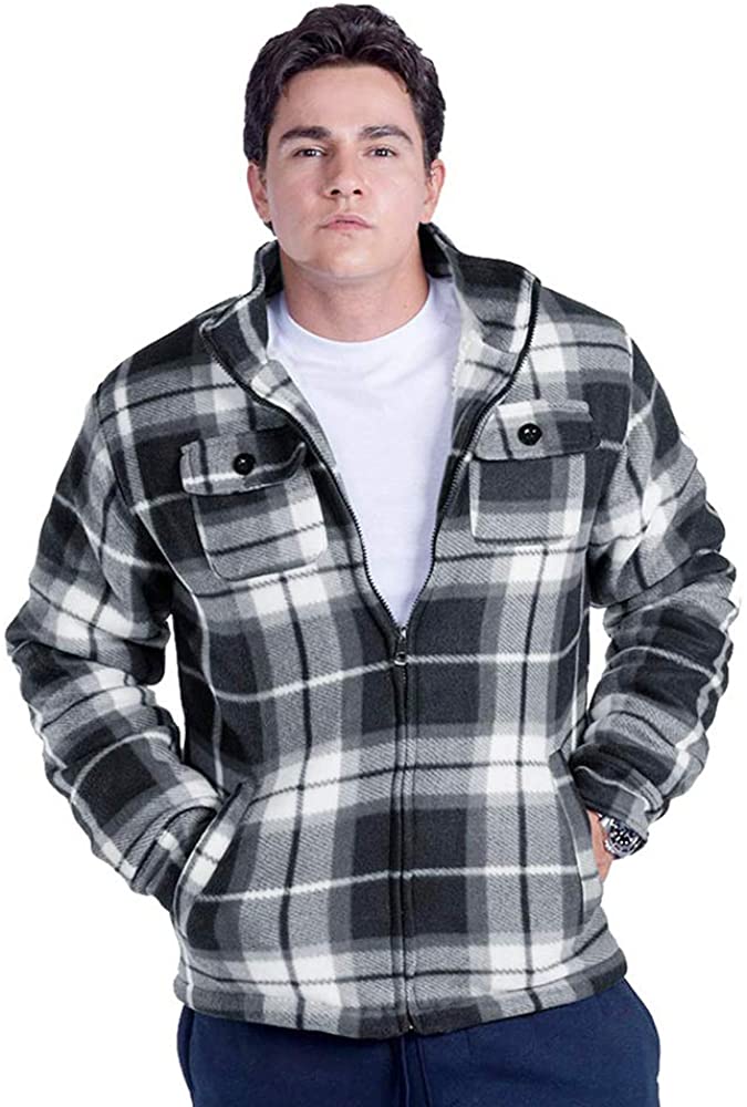 Mens Plaid Sherpa Lined Jacket Zip Up Heavy Fleece Hoodie Flannel Shirt