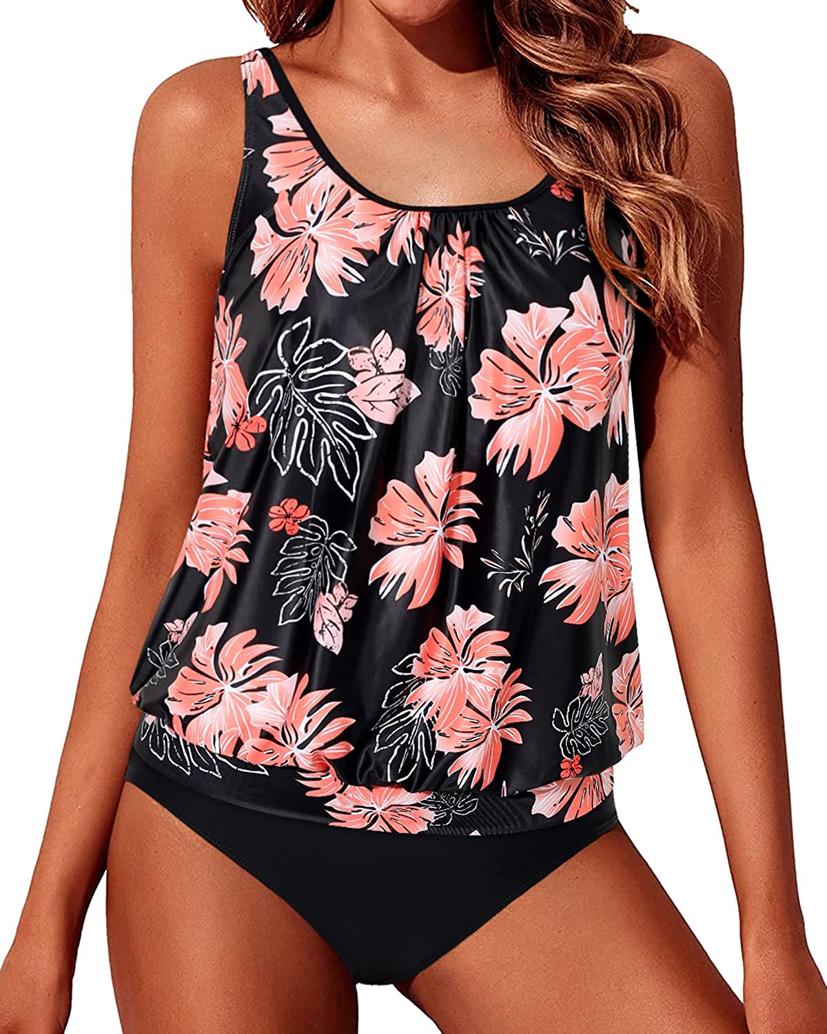 Holipick Blouson Tankini Swimsuits for Women Modest Tummy Control Two Piece Bathing Suits Loose Tankini with Shorts 