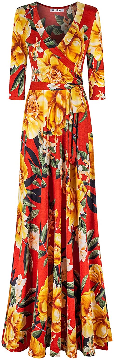 Bon Rosy Women's #MadeInUSA 3/4 Sleeve V-Neck Printed Maxi Wrap Dress 