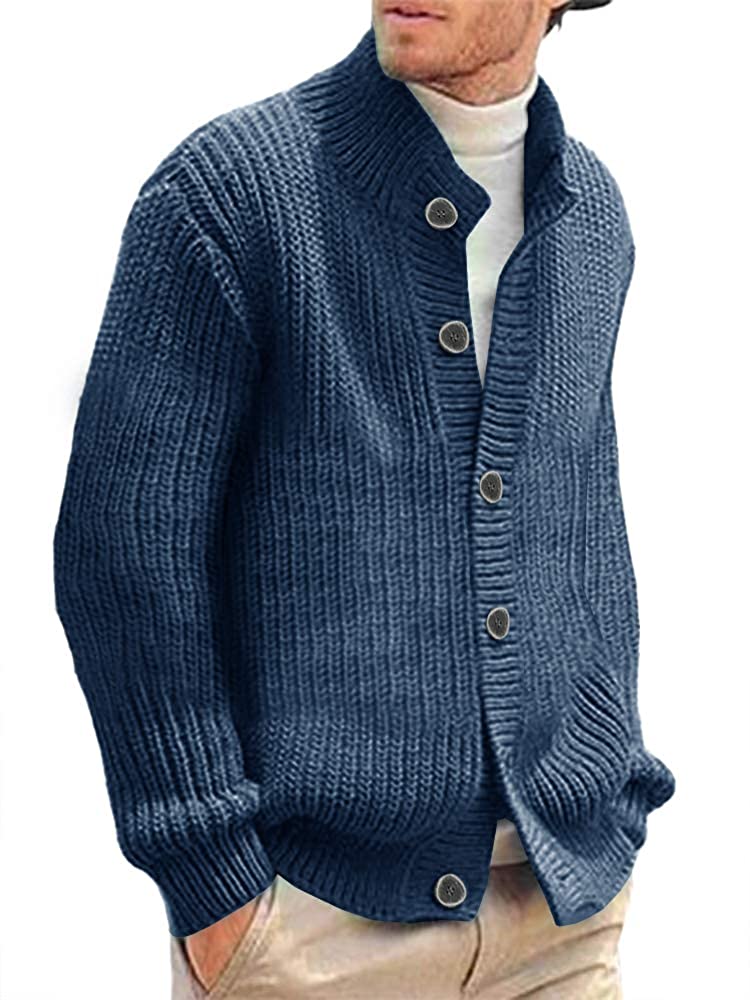Mens Cardigan Sweater Stand Collar Open Front Cable Knitted
