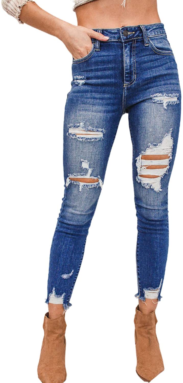 Sidefeel Women Button Fly High Rise Distressed Ripped Skinny Denim Jeans