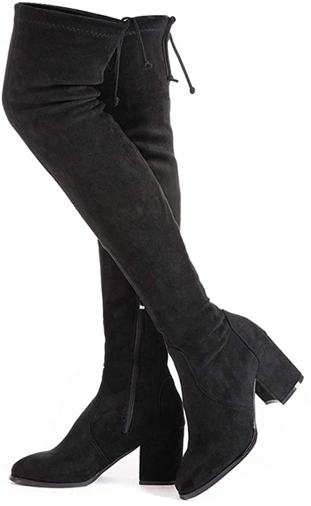 Gracemee Women Fashion Block Low Heels Thight High Boots Pull On Big Sizes 