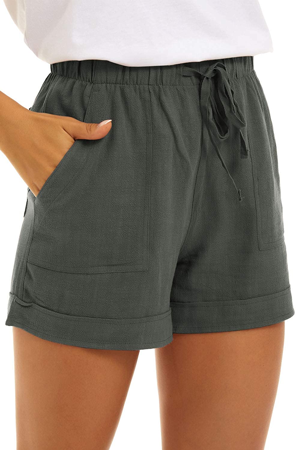 KINGFEN Shorts Womens Summer Lounge Hotpants with Pockets Drawstring Cotton Linen Shorts Fashion 