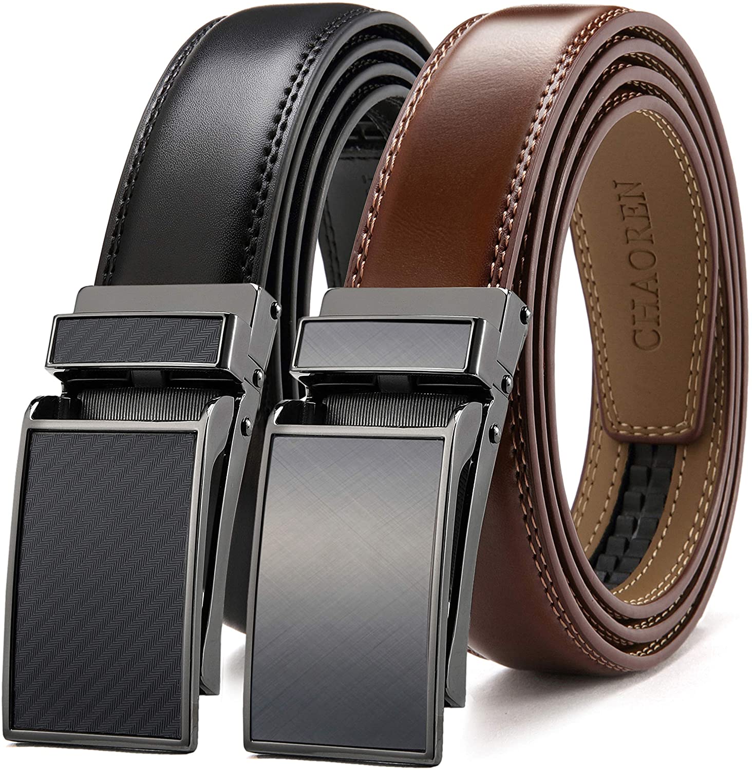Chaoren Leather Ratchet Belt 2 Pack Dress with Click Sliding Buckle 1 3/8 in Gift Set Box Adjustable Trim to Fit 