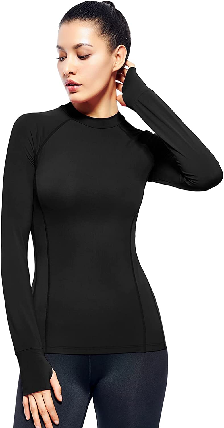 Womens Mock Neck Athletic Top Long Sleeve Workout Shirts with Thumb Holes