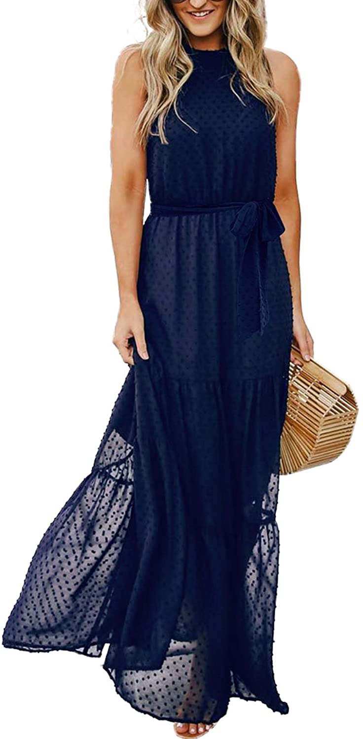 PRETTYGARDEN Women's Casual Halter Neck Sleeveless Floral Long Maxi Dress  Backle