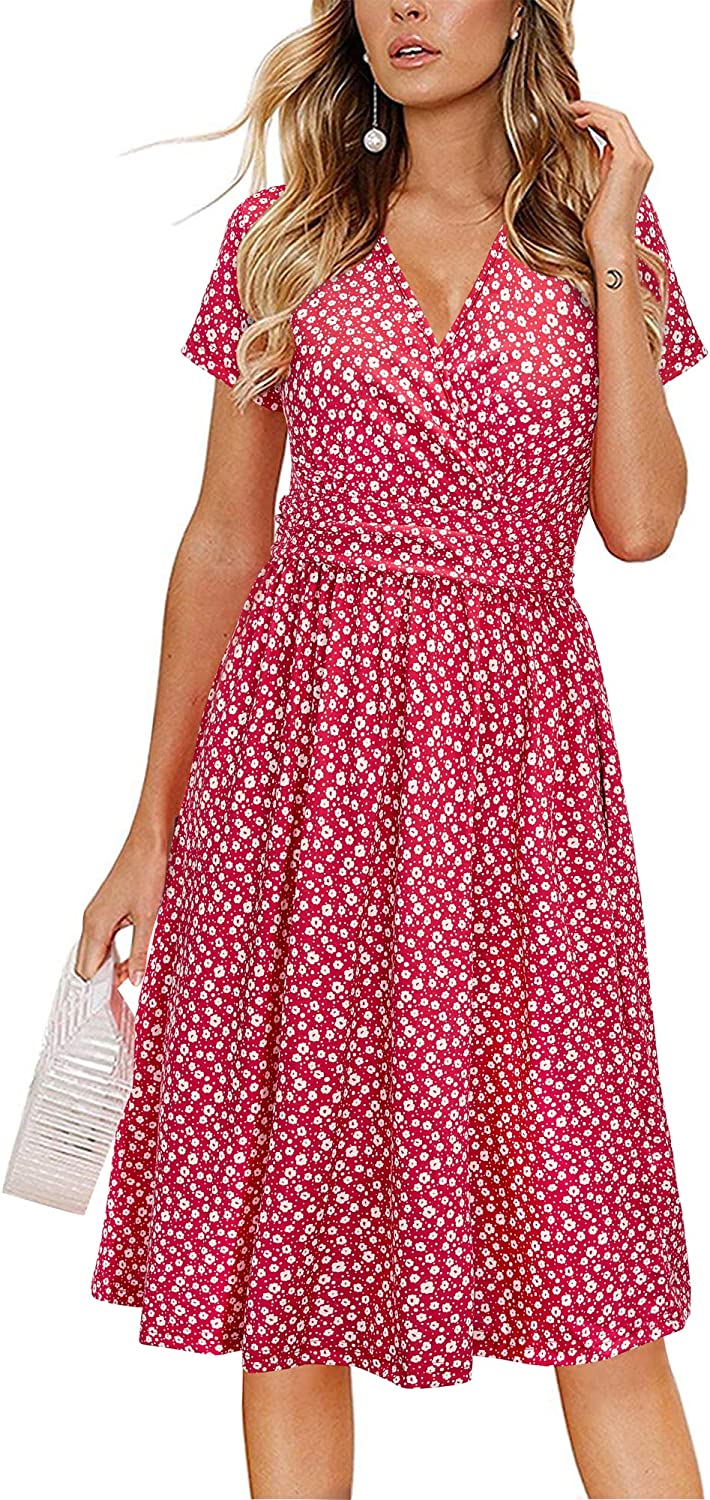 OUGES Women's Summer Short Sleeve V-Neck Floral Short Party Dress with  Pockets