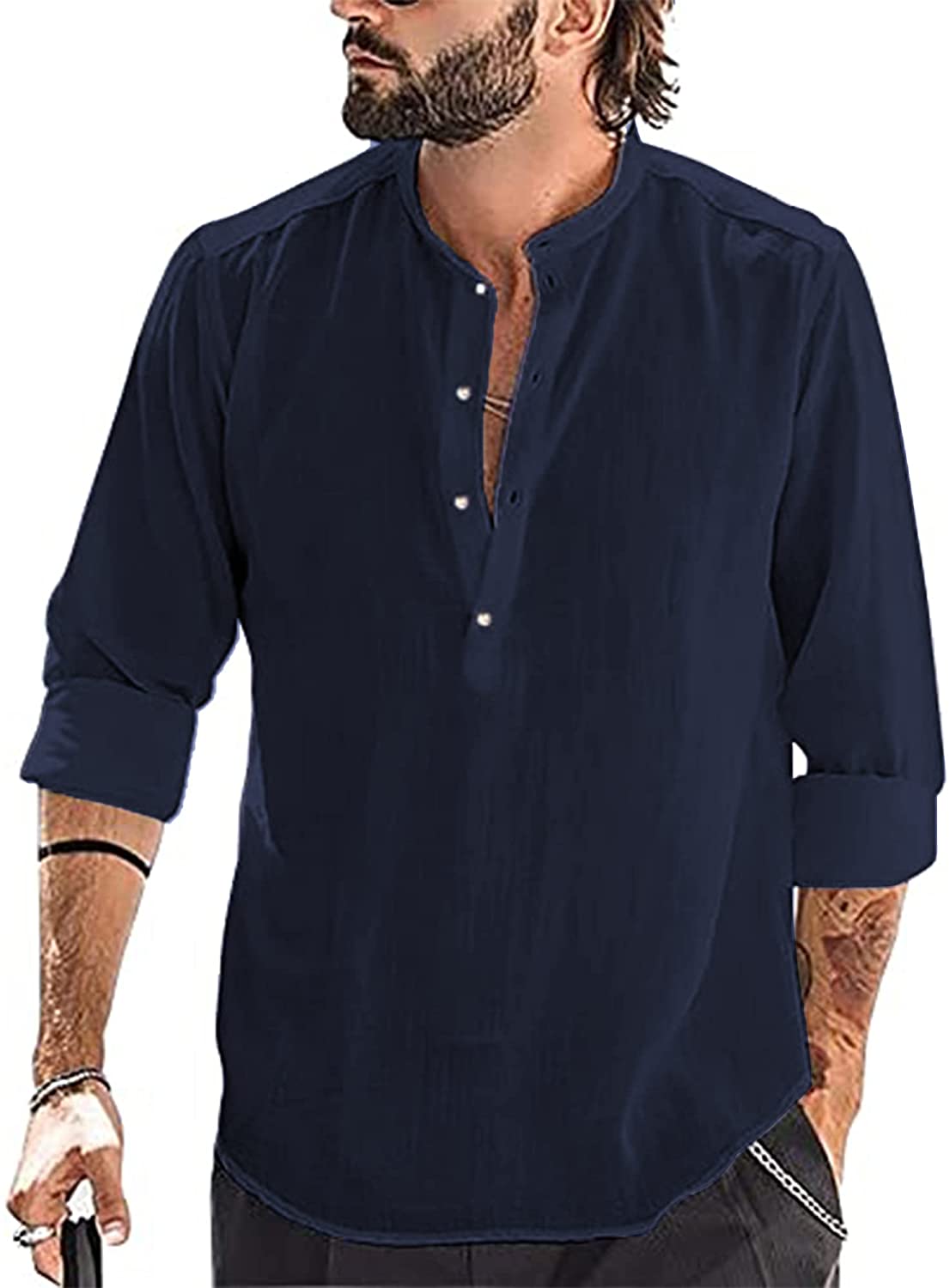 YAOBAOLE Mens Casual Cotton Linen Henley T-Shirts Long Sleeve Regular Fit Beach Vacation Shirt 
