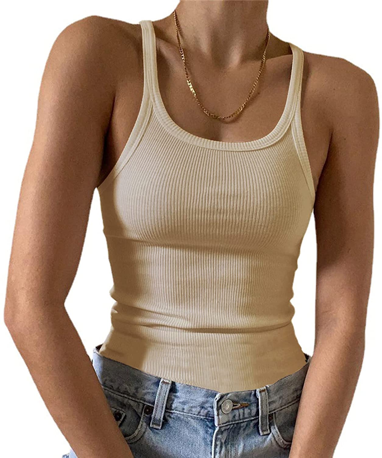 Artfish Women's Sleeveless Tank Top Form Fitting Scoop Neck Ribbed Knit  Basic Cami Shirts