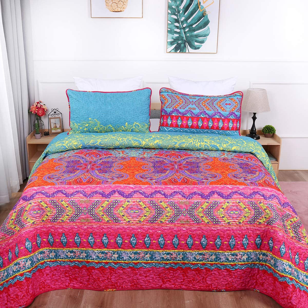 Bohemian Quilt Set Queen, 3 Pieces Boho Chic Pattern Printed Bedding