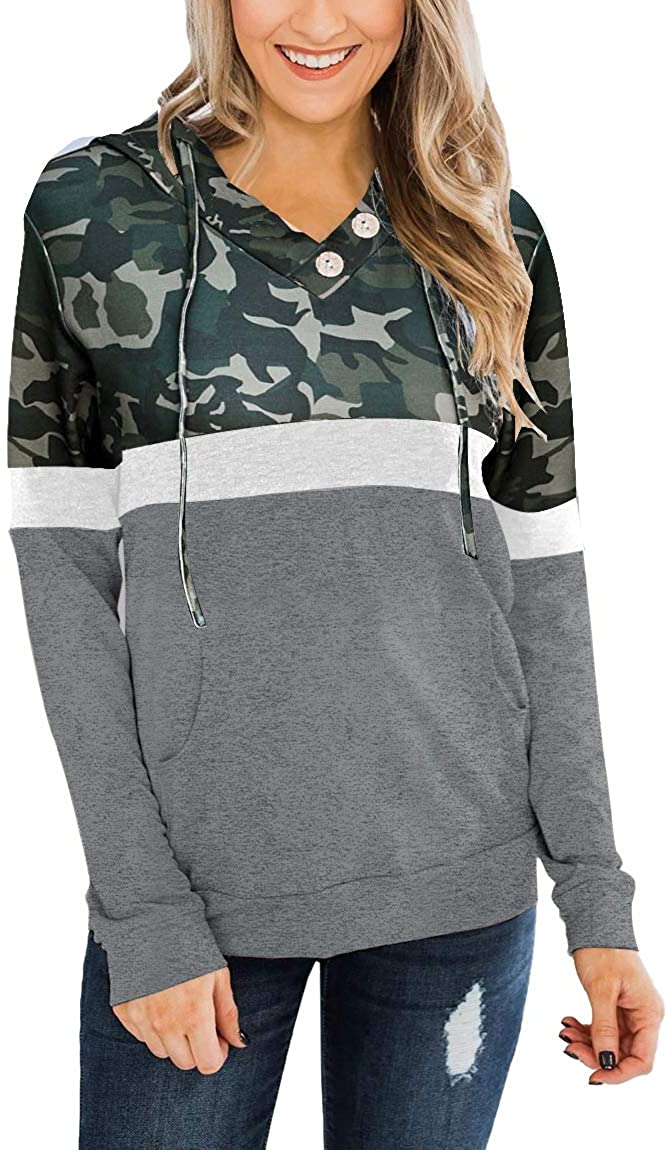 ANCAPELION Women’s Casual Hoodie Pullover V Neck Color Block Hooded Sweatshirts Long Sleeve Pullover Tops with Pocket