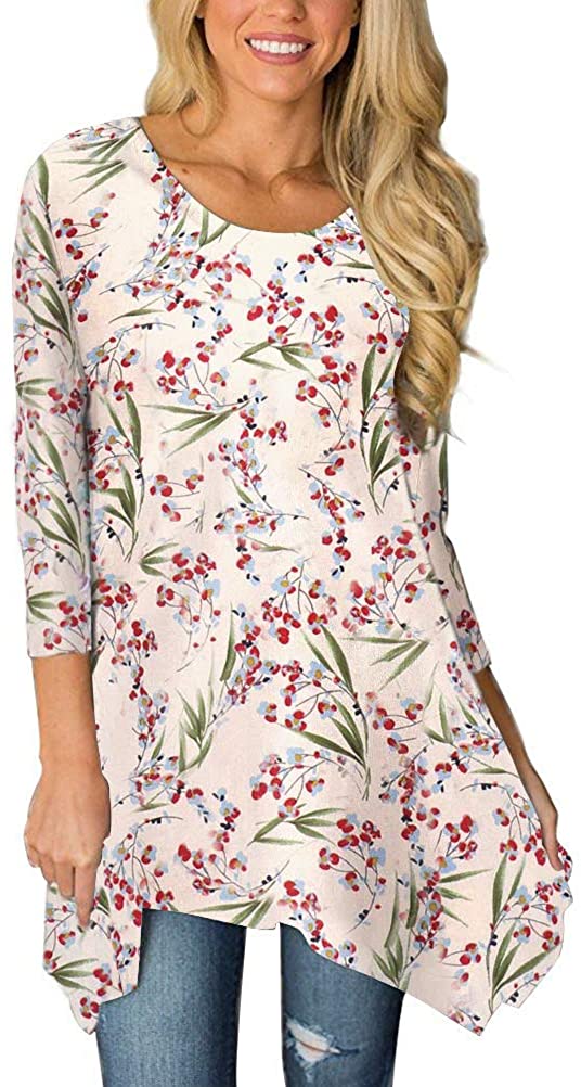 MIROL Womens Spring Floral Print 3/4 Sleeve Irregular Hem Asymmetrical Tunic Loose Long Blouse Tops