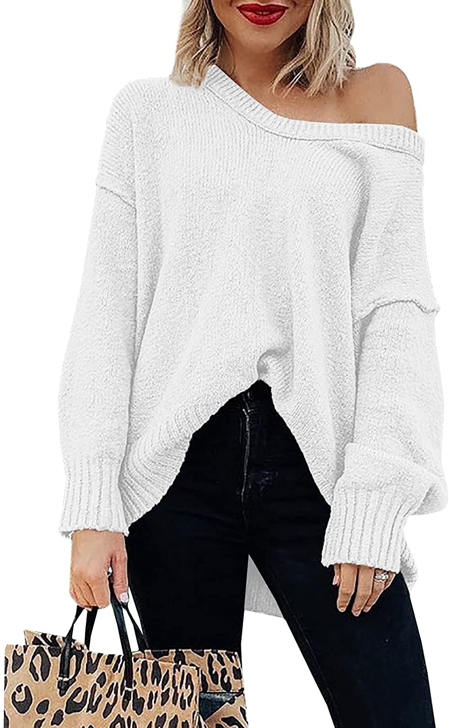 SGAOGEW Christmas Coats For Girls Women's Off Shoulder Long Sleeve  Oversized Pullover Sweater Knit Jumper Loose Tunic Tops