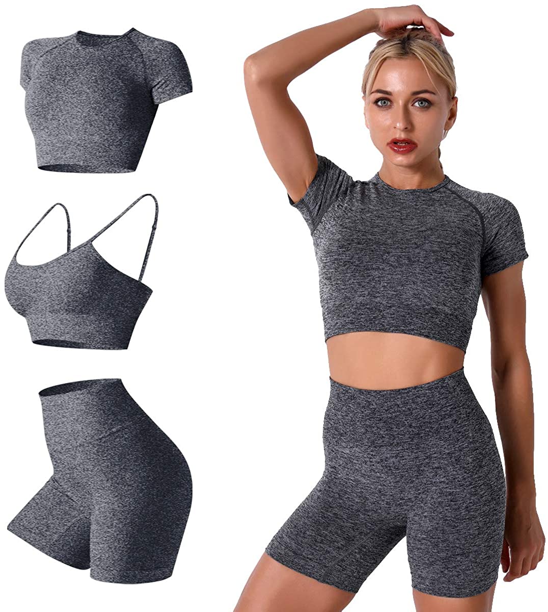 Women Seamless Yoga Outfits 2 Piece Workout Short Sleeve Crop Top with High  Wais