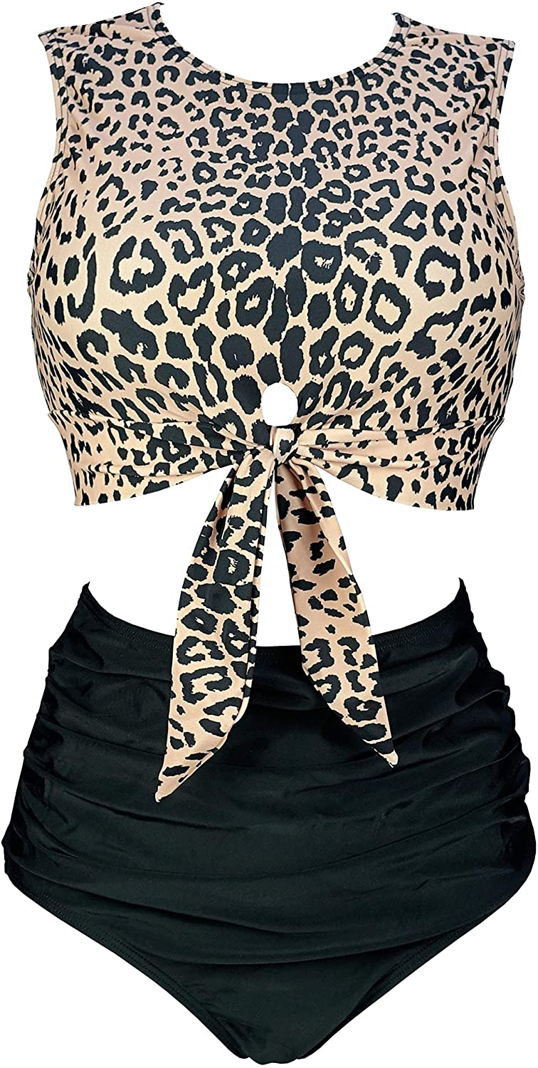 COCOSHIP Women's Retro High Waist Ruched Bikini Set Tie Front Knot Tank Top Two Piece Tankini Ruffle Swimsuit