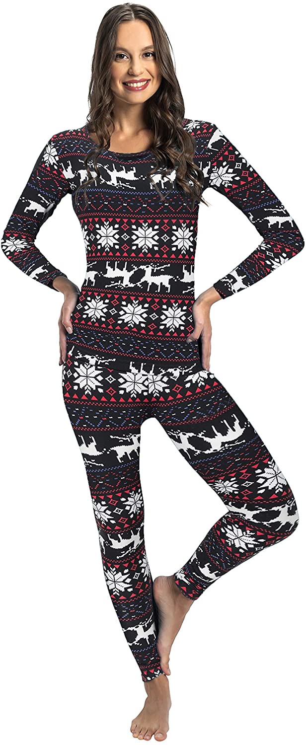 Ladies Thermos Top Fleece Lined Base Layer Pajama Set Winter Long