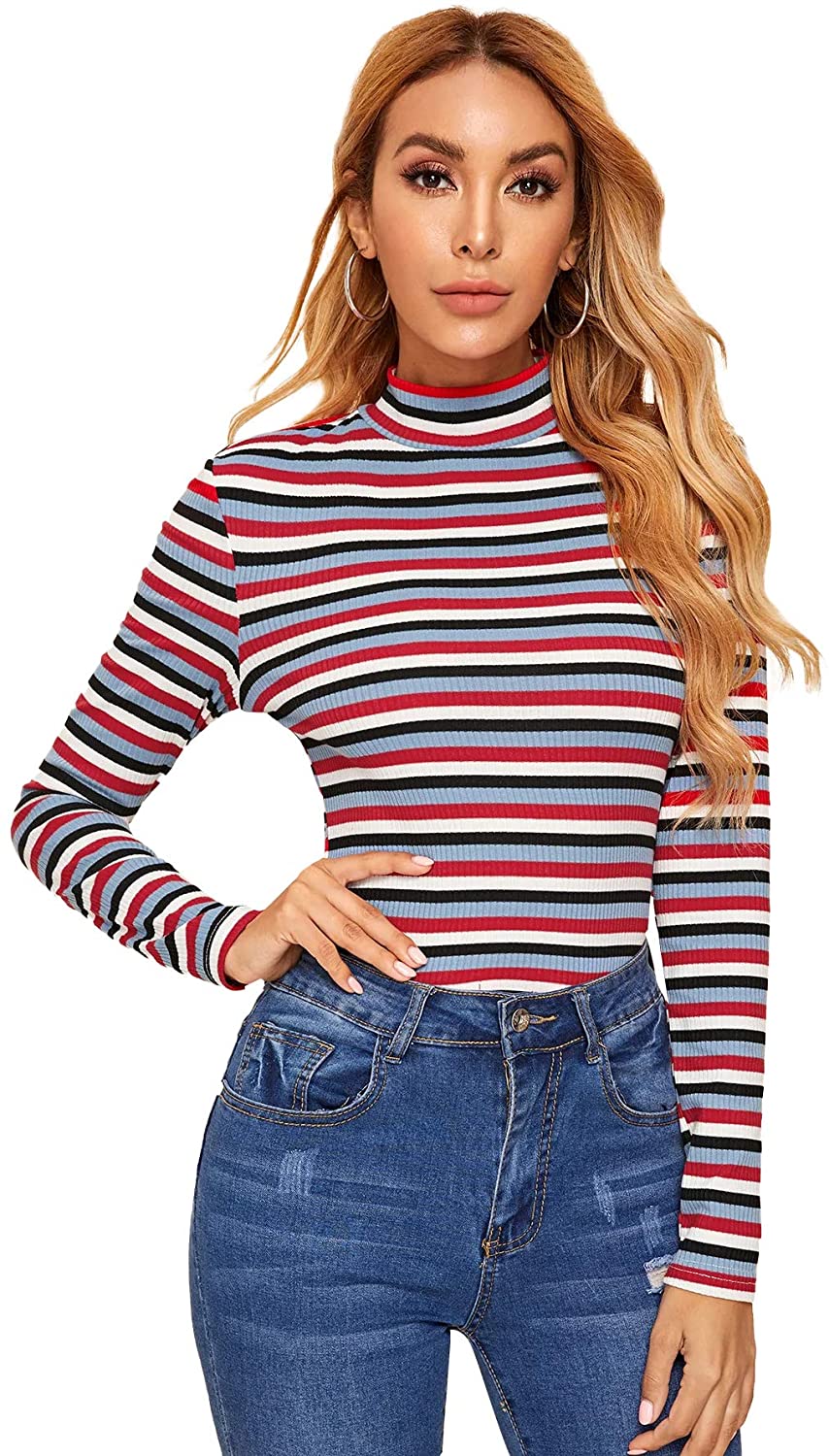 Floerns Women's High Neck Long Sleeve Slim Fit Stretch Striped T-Shirts 