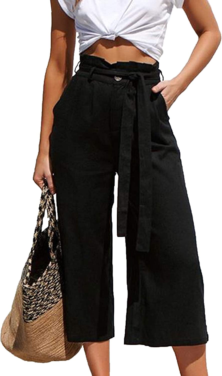 ECOWISH Womens Palazzo Pants Wide Leg Trousers with Pockets High