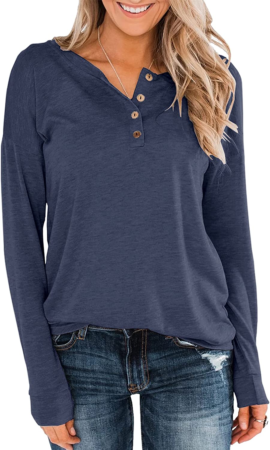 Topstype Women's Long Sleeve Henley Tops Pullover with Buttons Down Casual  Loose | eBay