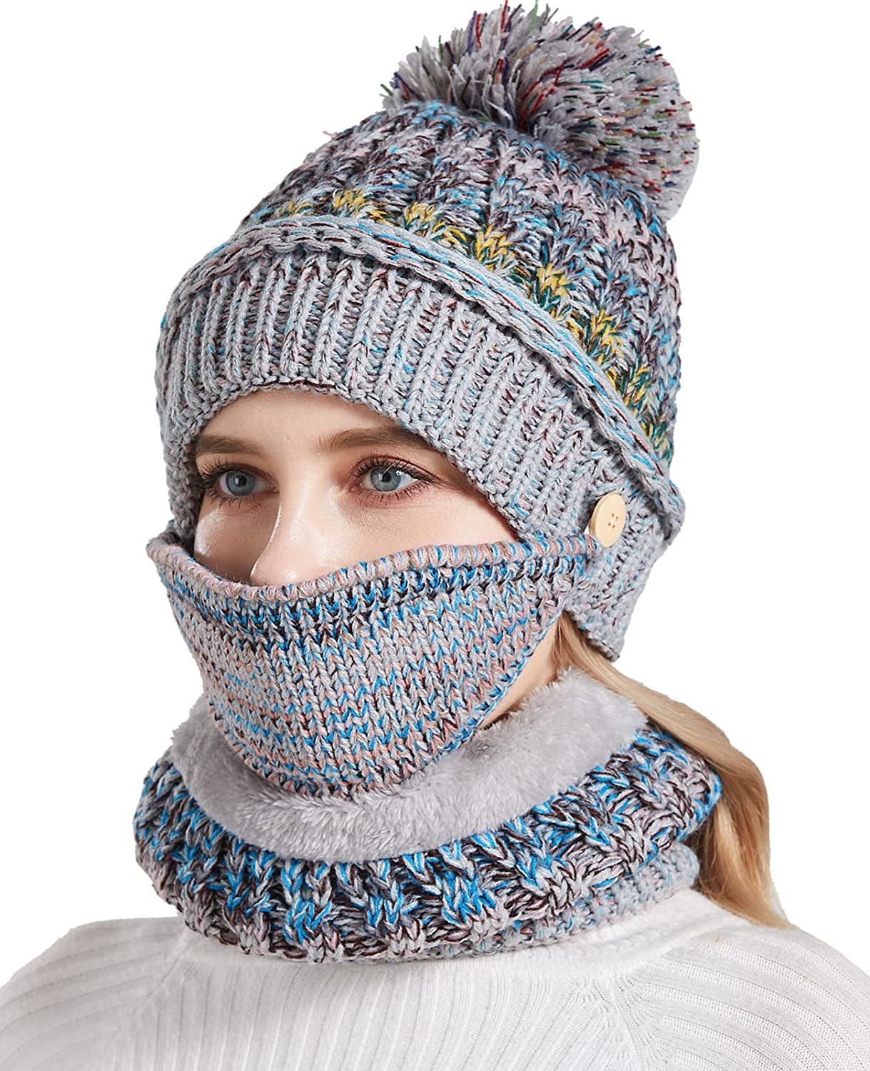 Nanxson 3Pcs Women‘s Fleece Lined Beanie Hat Winter Knit Hat Scarf Face Mask Set for Ski Cycling Camping MZW0162