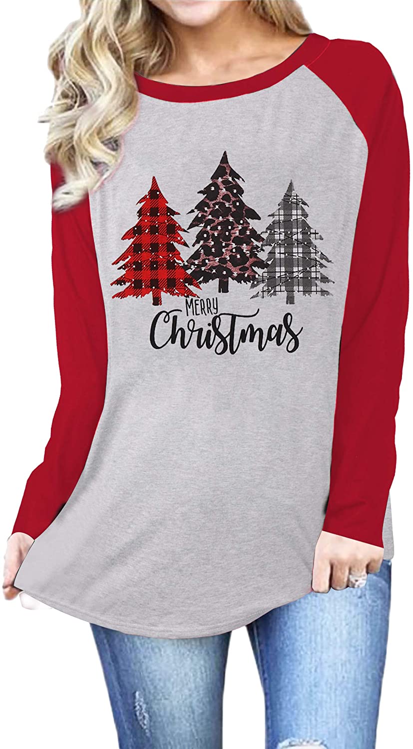 MNLYBABY Merry Christmas Plaid Leopard Tree Print Raglan T-Shirt for Women Long Sleeve Splicing Tops Tees Shirts