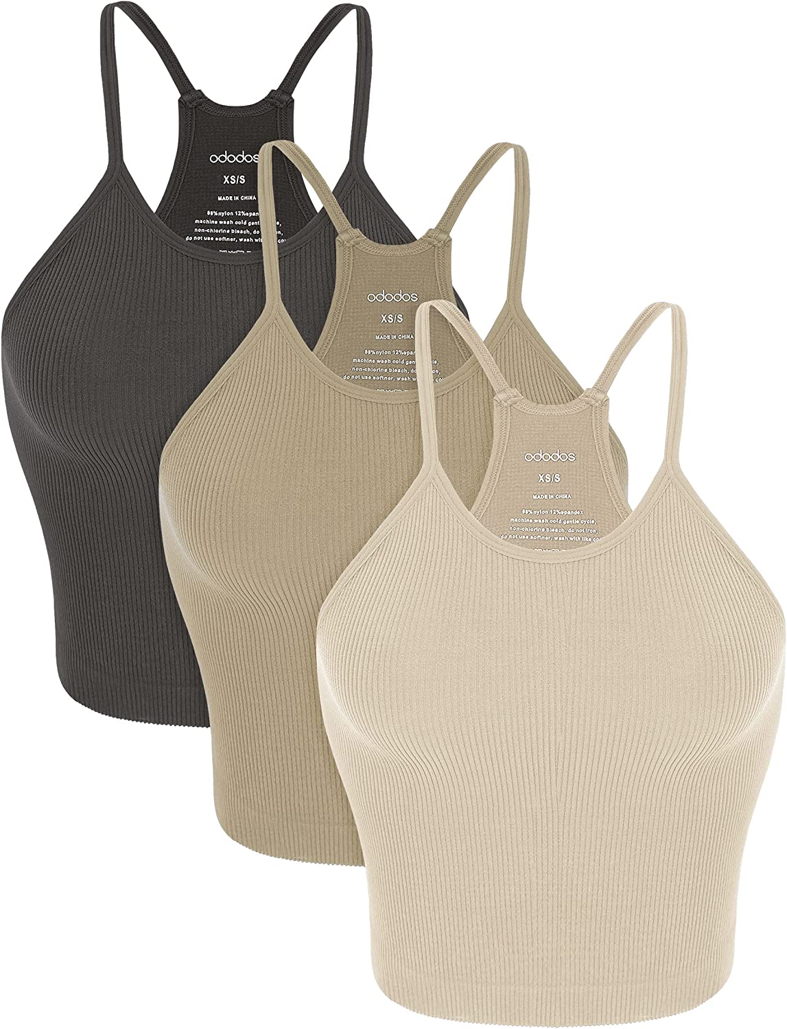 ODODOS 3-Pack Seamless Square Neck Crop Tank for Women Ribbed Knit