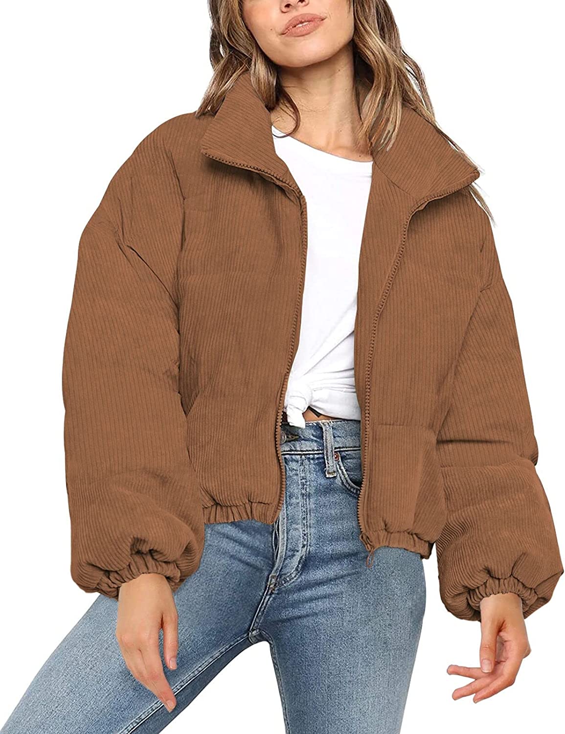 ETCYY Women's Causal Lightweight Quilted Jackets Long Sleeve Oversized Warm  Winter Zip Up Coat with Pockets, Brown, Small : : Clothing, Shoes  & Accessories