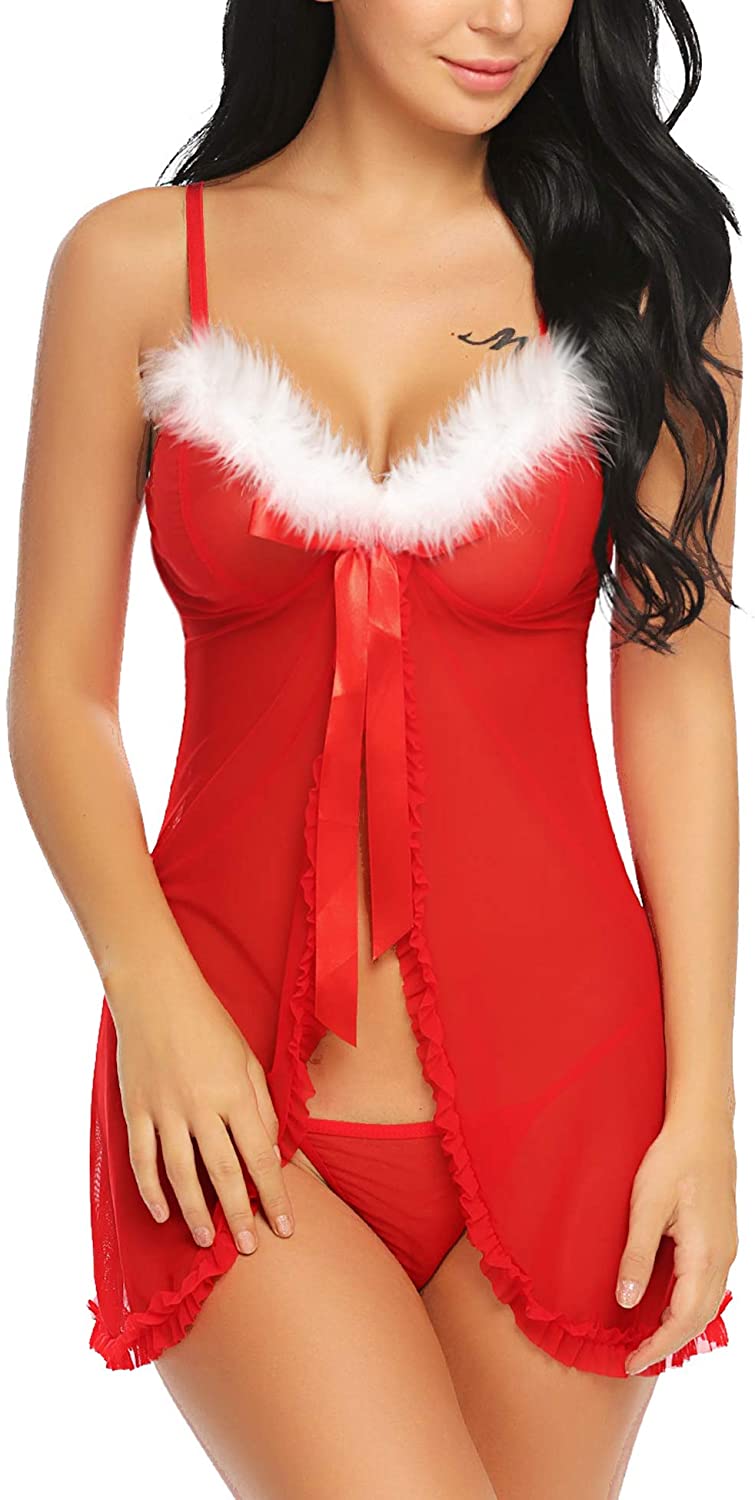 ADOME Womens Christmas Lingerie Red Santa Babydoll Set Strap Chemises Outfit Lace Sleepwear 