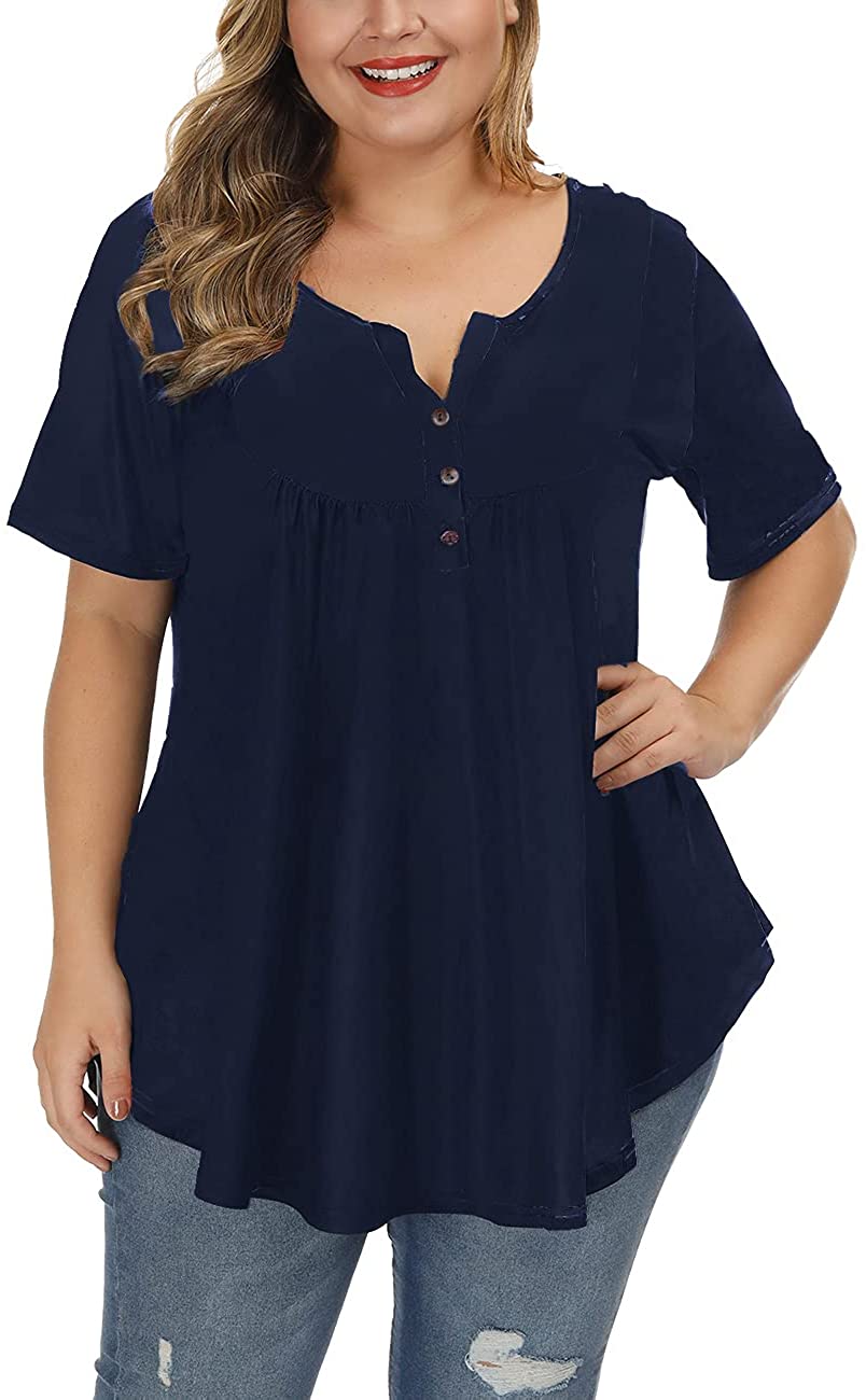 Allegrace Women Plus Size Top Pleated Front Short Sleeve V Neck Loose Summer T Shirt 