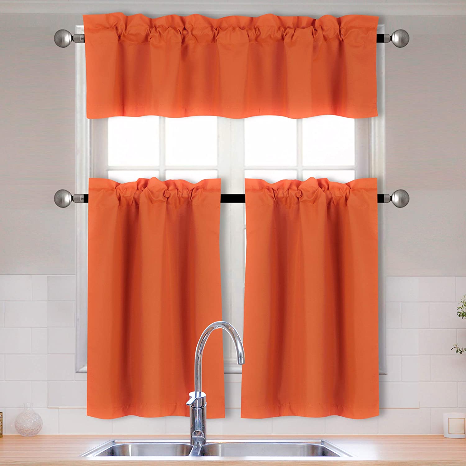 Home Collection 3 Pieces Solid Color Kitchen Curtain Set Tier and