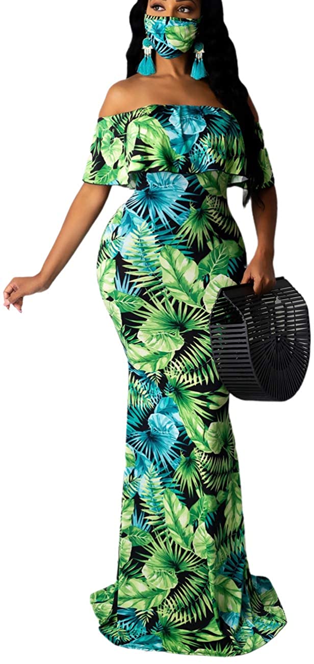 BestGirl Women's Off Shoulder Maxi Dresses Hawaiian Floral Printed Elegant  Ruffl | eBay