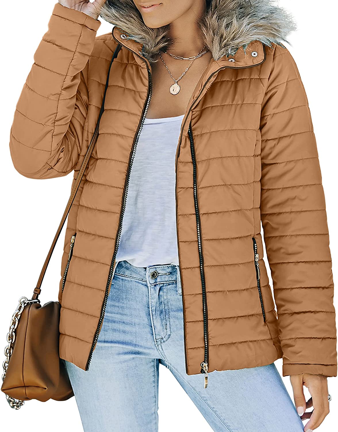 Uqnaivs Womens Winter Quilted Jacket Faux Fur Collar Zip Up Parka