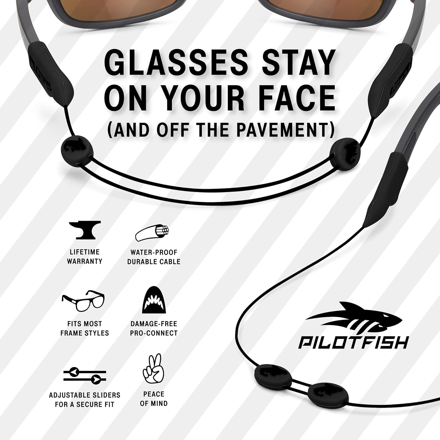 Pilotfish Premium Silicone Sunglasses Strap, Adjustable Glasses Retainer  with Unique Passthrough Design – Universal Fit (Black) at Amazon Men's  Clothing store