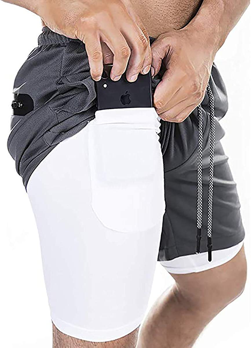 KINRO Men's 2 in 1 Running Shorts Workout Training Gym Compression Tight Shorts with Zipper Pockets 