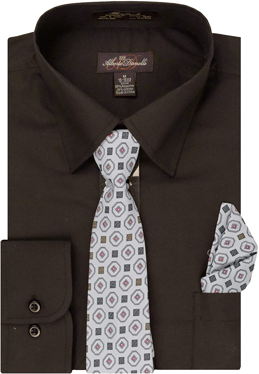 Alberto Danelli Men's Long Sleeve Dress Shirt with Matching Tie and  Handkerchief