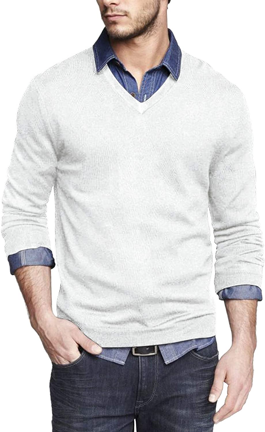 COOFANDY Men Casual V Neck Sweater Ribbed Knit Slim Fit Long Sleeve Pullover Top 