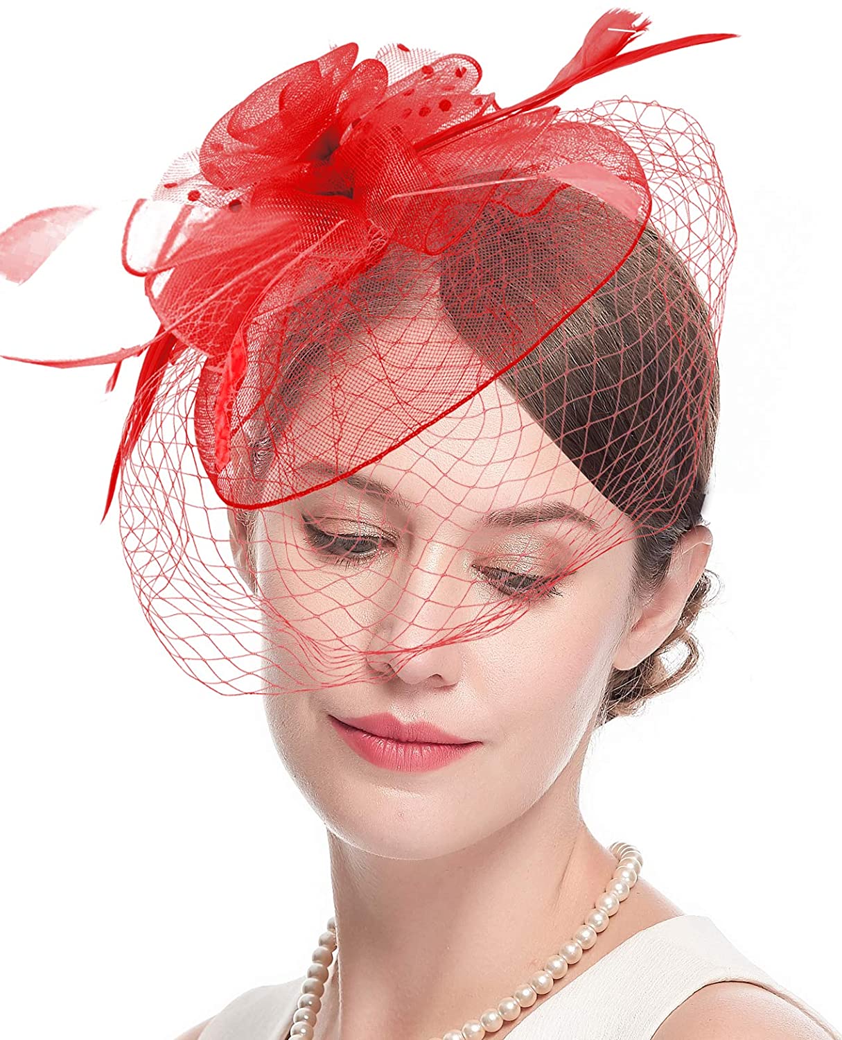 Something Special La Pillbox Fascinator Cocktail Hat with Dotted Netting Veil - Something Special Red