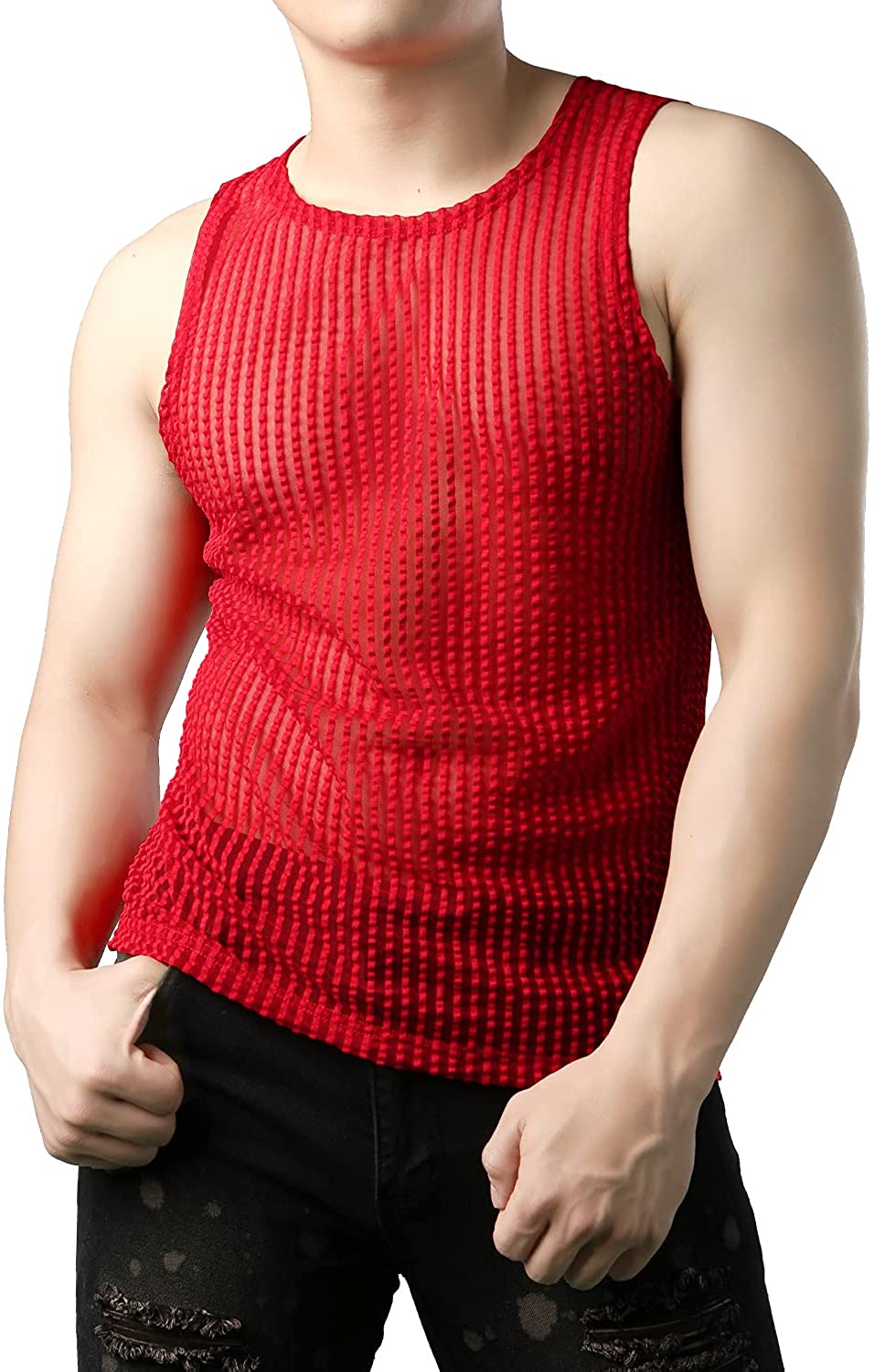 JOGAL Men's Mesh Fitted Sleeveless Muscle Tank Top Small Black at