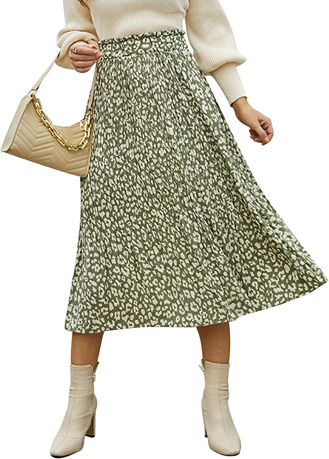 EXLURA Womens High Waist Polka Dot Pleated Skirt Midi Swing Skirt 