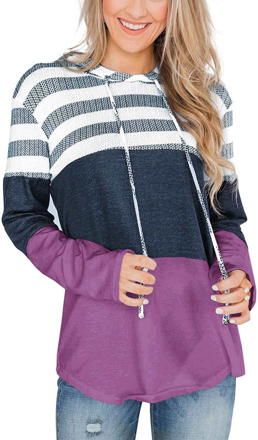 SMENG Womens Striped Color Block Long Sleeve Pullover Hoodies Sweatshirts Drawstring Tops