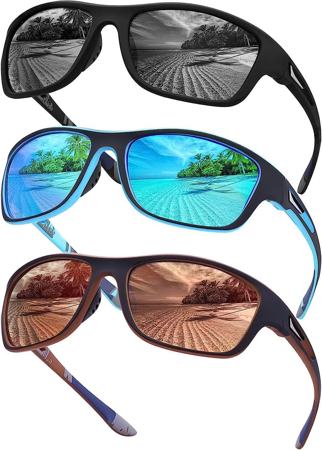 Tskestvy 3 Pairs Men's Polarized Sport Wrap Around Sunglasses UV Protection  Shad