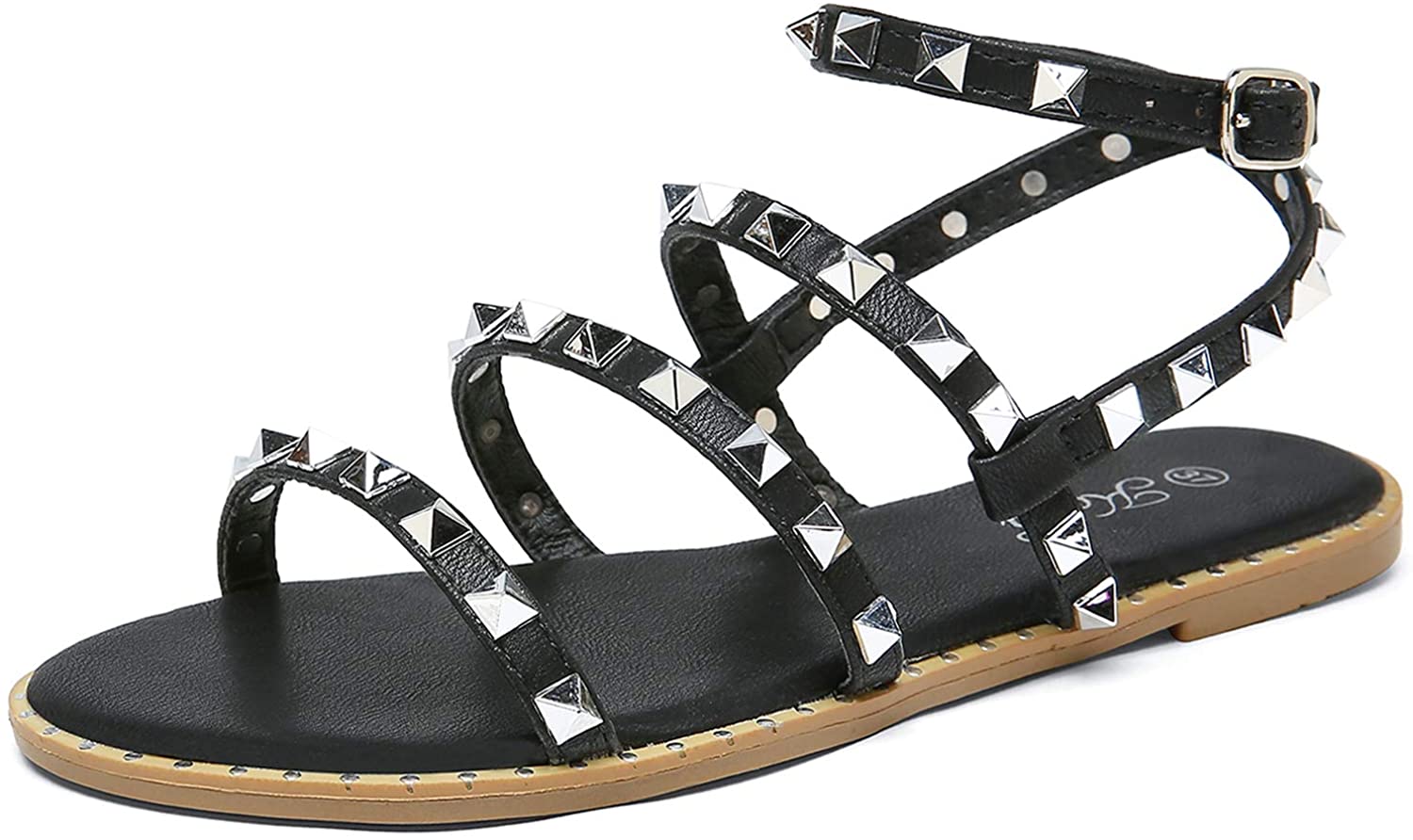 Katliu Women's Flat Sandals Strappy Studded Sandals Gladiator Sandals with Ankle Strap