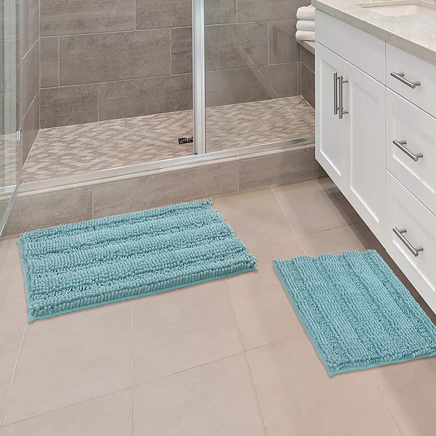 Details about   Bath Mats for Bathroom Non Slip Ultra Thick and Soft Chenille Plush Striped Floo 