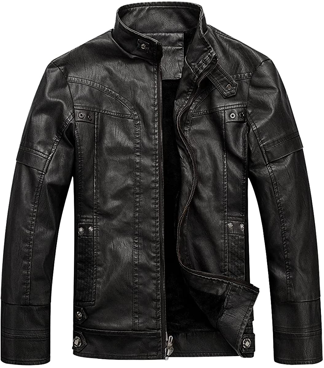 WULFUL Men's Vintage Stand Collar Leather Jacket Motorcycle PU Faux Leather  Outw