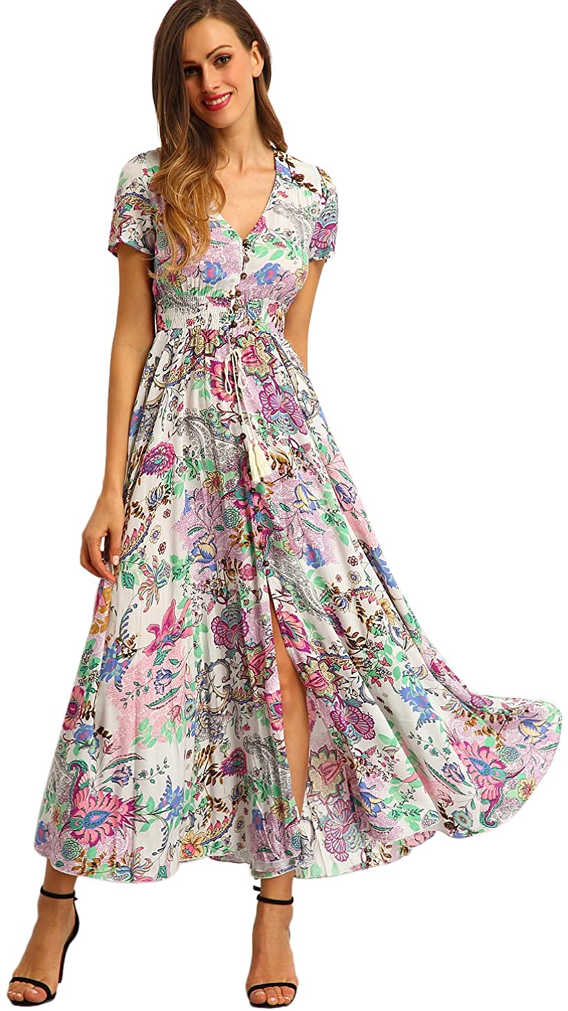 Milumia Women Floral Print Button Up Split Flowy Party Maxi Dress | eBay