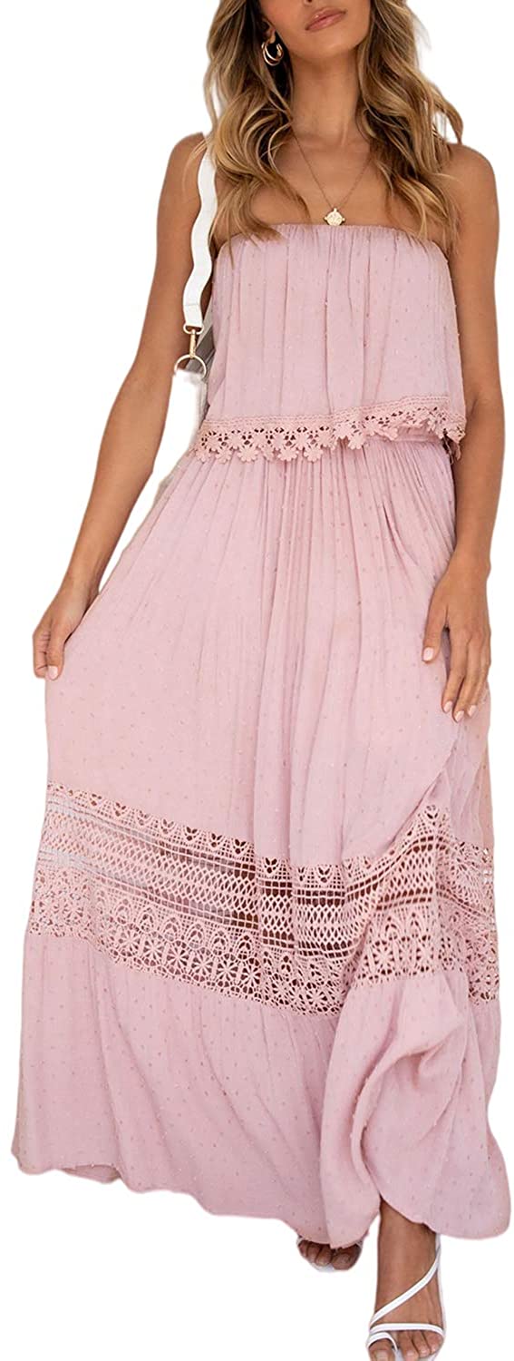 Lenmotte Women’s Strapless Tube Top Boho Maxi Dress Summer A line Ruffle Long Dress