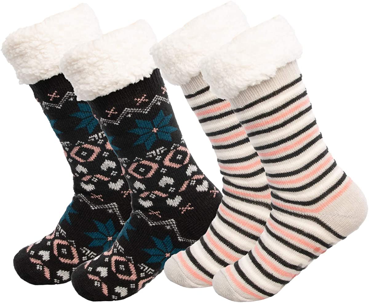 Treehouse Knit (2 Pack) Colorful Womens Thick Knit Winter Sherpa Fleece  Slipper Socks Grippers